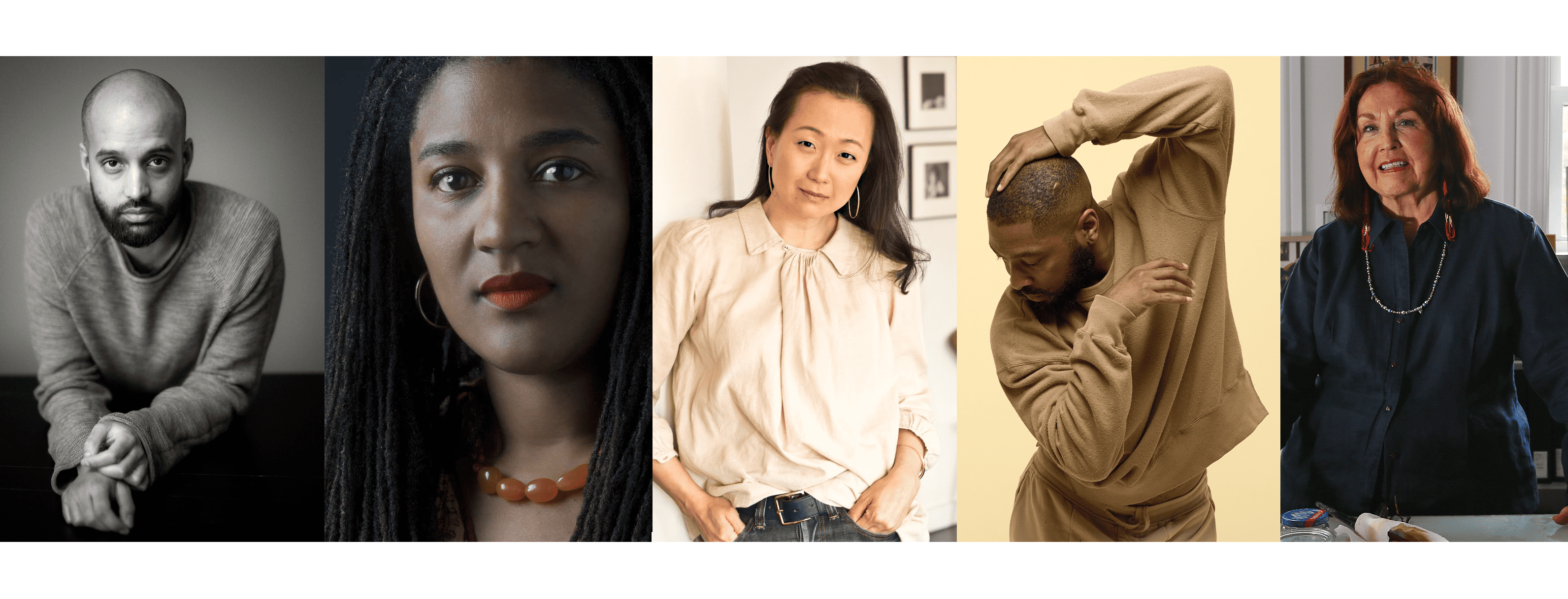 Headshots of Shayok Misha Chowdhury, Lynn Nottage, Min Jin Lee, Kyle Abraham, and Kay WalkingStick